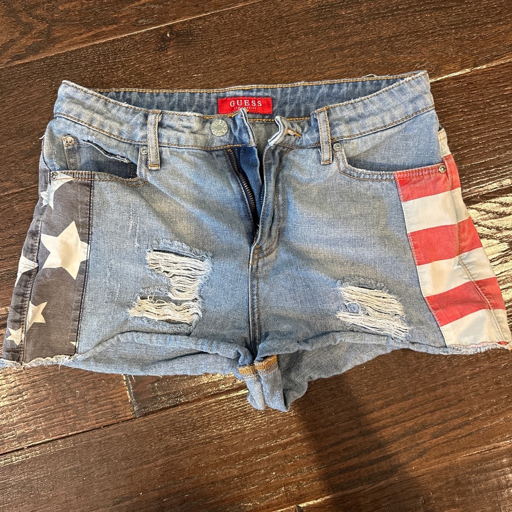 GUESS red white & blue ripped jean shorts